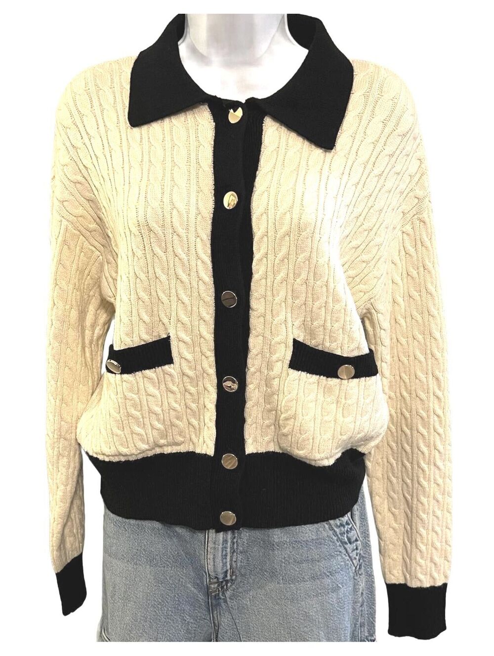 Marled Cream & Black Contrast Trim Cable Knit Collared Cardigan Gold Buttons S